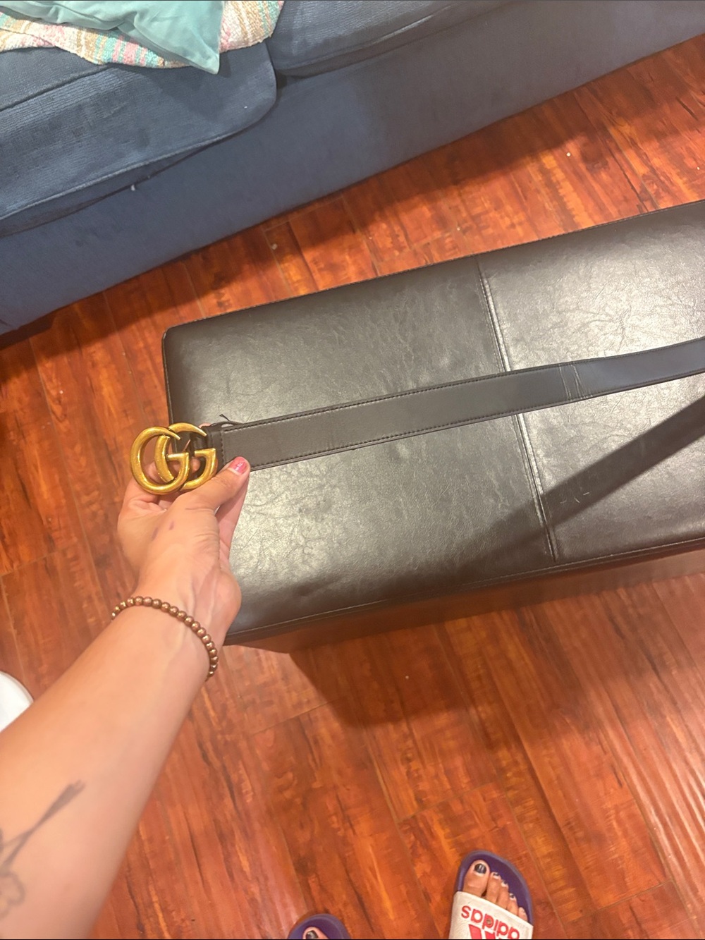 Black Leather Belt with Double G Gold Buckle